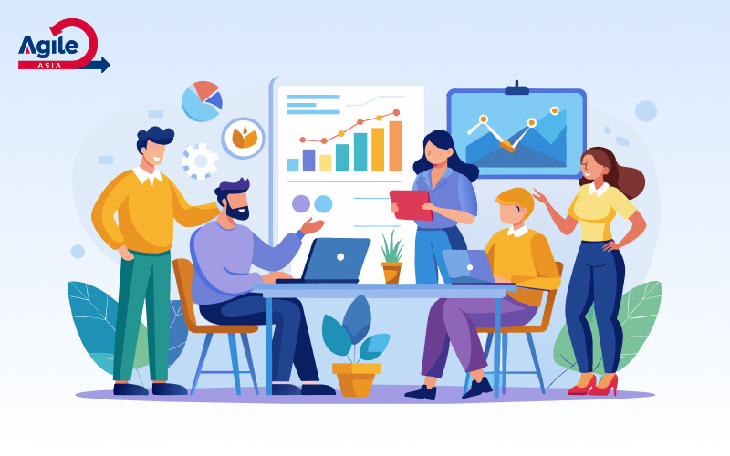 Agile leaders discussing data and strategies.