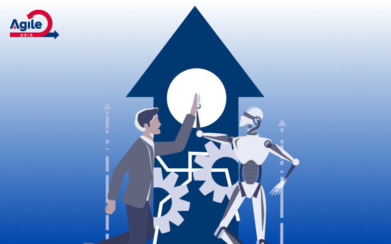 Man and robot collaborating on AI-driven growth.